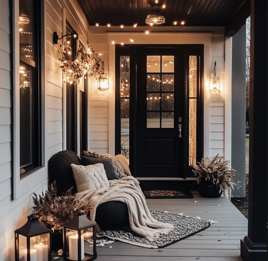 Fall front porch with cozy seating and ambient lighting.